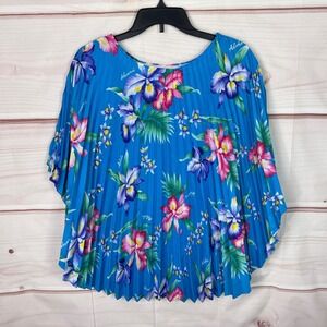 Banana Bay Top Womens OS Blue Floral Tropical Blouse Poncho Pleated Hawaiian